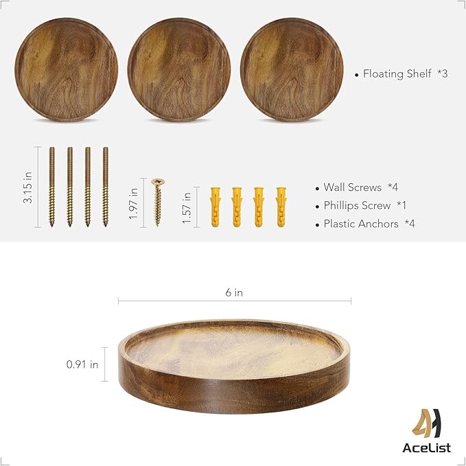 AceList 3-Pack Round Floating Shelves for Wall Decor, 6'' Diameter Acacia Wood Floating Shelf, Cup Plant Wall Shelves for Bedroom, Bedroom, Living Room, Bathroom, Kitchen, Western Decor