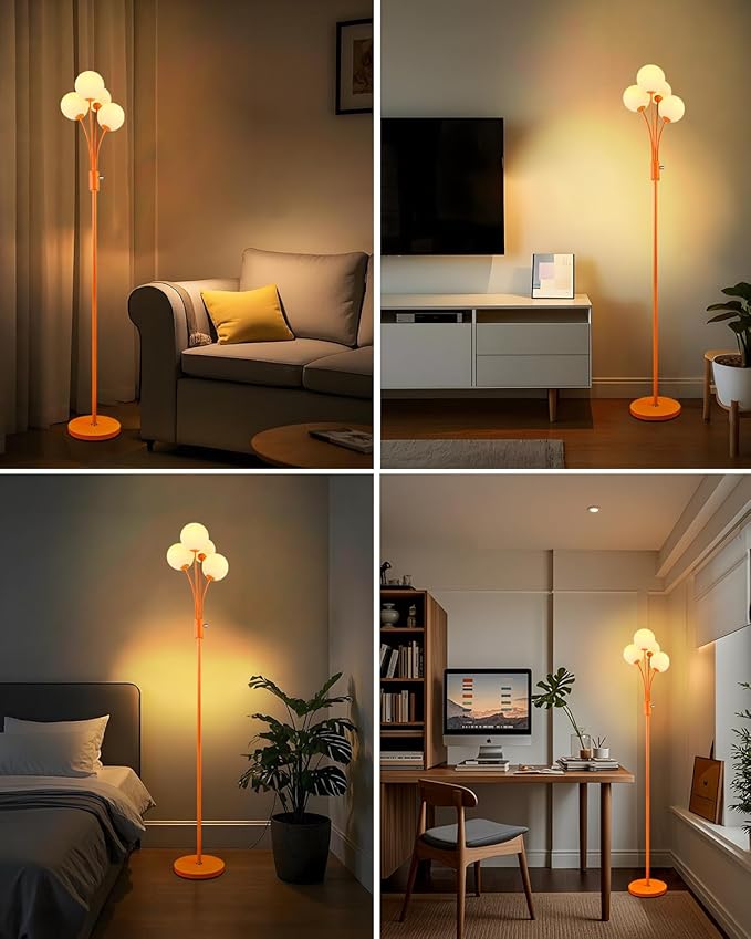 Lightdot 67IN Dimmable Globe Floor Lamp 4-Lights Orange Standing Lamps with 4PCS 3000K G9 Bulbs Soft Warm White Mid Century Modern Floor Lamp Stable Base for Living Room/Sofa Beside