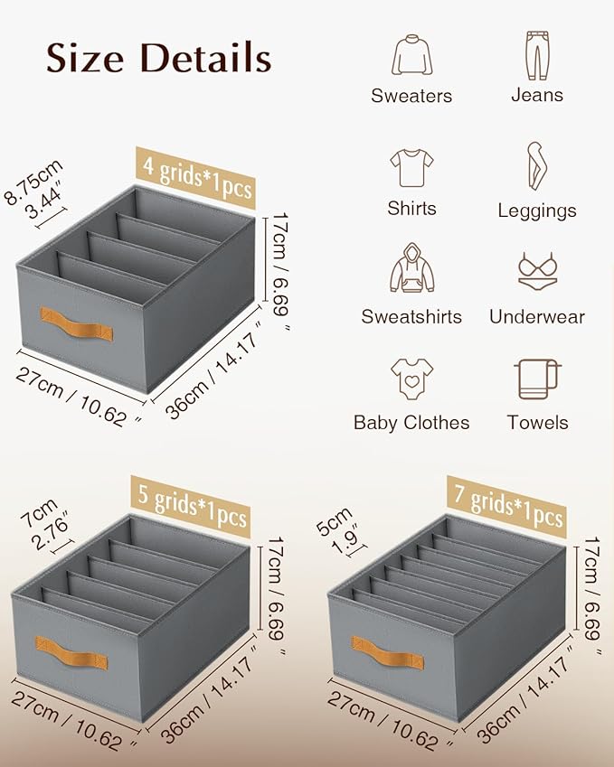 Clothes Organizers and Storage - 4/5/7 Grids Fabric Jeans Organizer with Handles, Foldable Closet Organizers Dividers, Wardrobe organizer for Pant, Sweater, T-shirt, Scarf, 3 Pack, Pale Grey