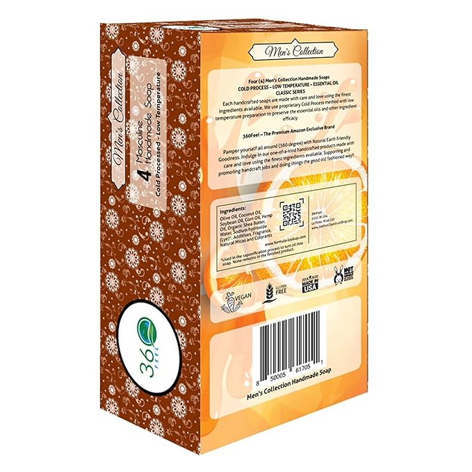 360Feel Men’s Handmade Soap Gift Pack - Nourishing and Hydrating Set of Bar Soap for Men - Infused with Four Bold Masculine Scents Bay Rum, Pine Tar, Patchouli, and Island Citrus - Set of 4