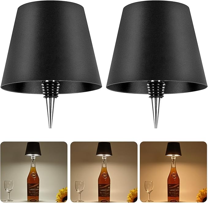 Rechargeable Bottle Lamp 2pcs, LED Wine Bottle Light Ambient Light for Desk Table Bar Decor, Wireless Bottle Lamp Shade for Whiskey Wine Liquor Bottle, Black