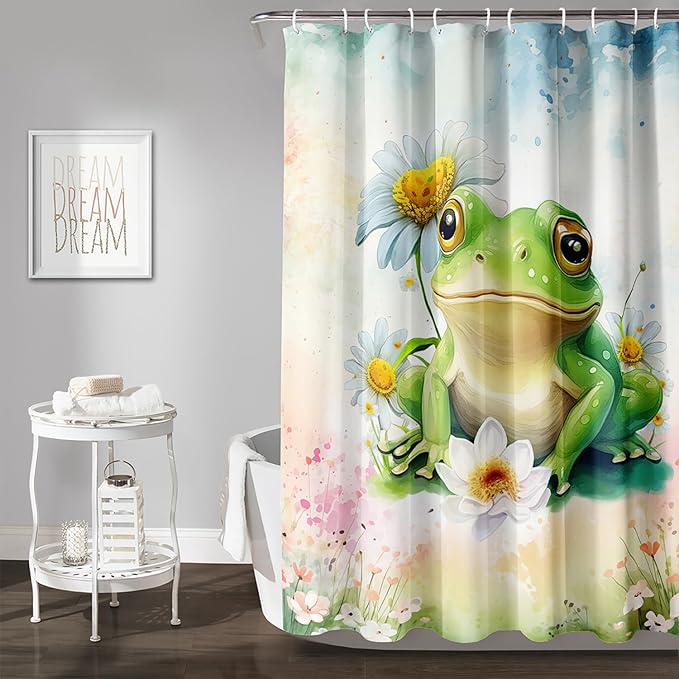 AILONEN Cartoon Frog Shower Curtain Set for Bathroom,Green Frog Bath Curtain,Amphibian Animal Shower Curtain,Tie Dye Flowers Waterproof Fabric Shower Curtain with Hooks,72" W*72" H
