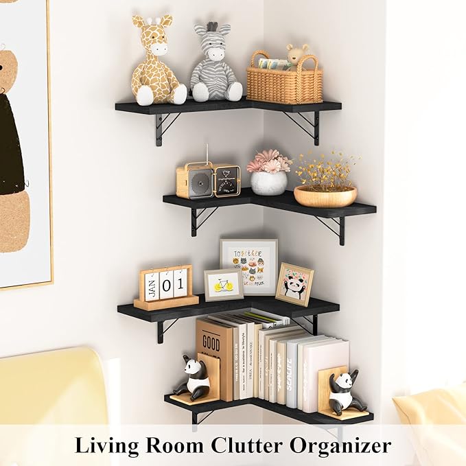Love-KANKEI Corner Shelf Wall Mounted,Floating Wall Shelves for Storage,Rustic Wood Hanging Shelves for Display,Bathroom Kitchen Bedroom Living Room,Set of 4,Black