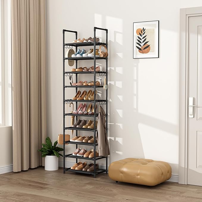 VTRIN 10 Tiers Tall Shoe Rack Holds 20-25 Pairs of Shoes Sturdy Vertical Shoe Organizer with 18pcs Hooks Stackable Narrow Shoe Rack for Closet, Entryway Black