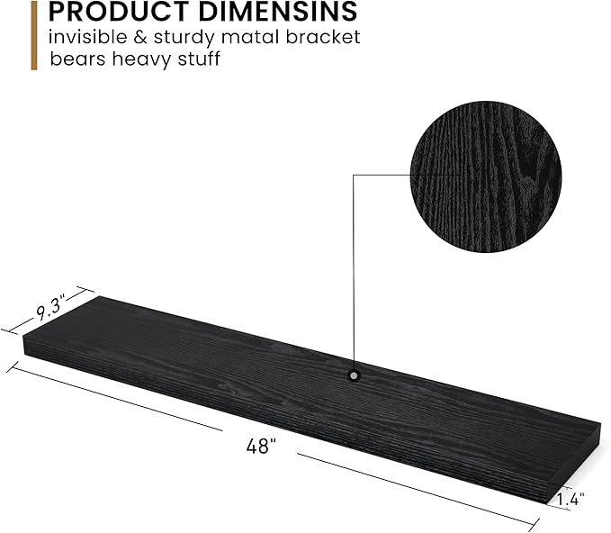 48Inch Floating Shelves, 9.3Inch Deep Rustic Wall Shelves - Extra Deeper & Thicker Wall Mounted Storage Shelf for Kitchen, Farmhouse - Set of 2 - Rustic Black