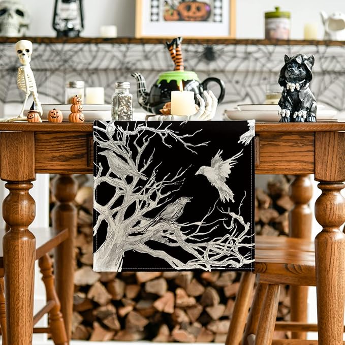 Artoid Mode Silhouette Tree Grey Crows Halloween Table Runner, Branches Fall Kitchen Dining Table Decoration for Outdoor Home Party 13x72 Inch