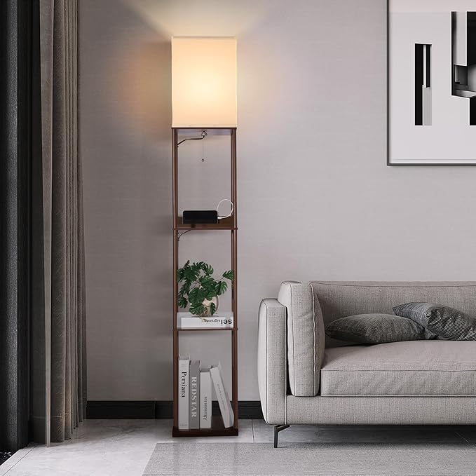Floor Lamp with Shelves, with 2 USB Ports and Power Outlet Modern Square Standing Lamp with 3 Color Temperature Bulb, Corner Display Bookshelf Lamp for Living Room, Bedroom and Office (brown-9DY)