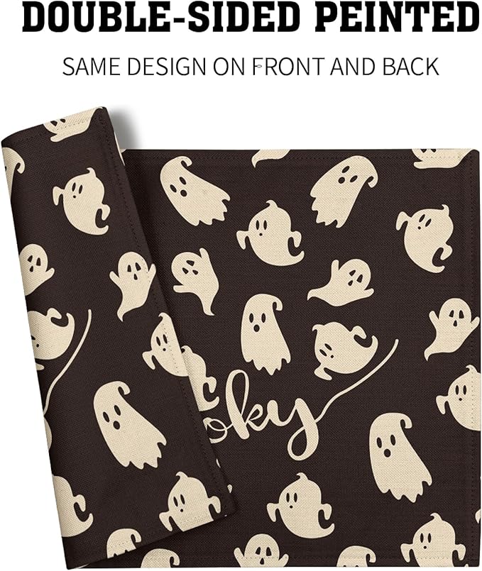 Giwawa Halloween Placemats Set of 4, 12x18 Inch Spooky Gothic Ghosts Black Place Mat for Kitchen Dining, Holiday Double Sided Heat Resistant Table Mats for Tabletop Party Indoor Outdoor Decor