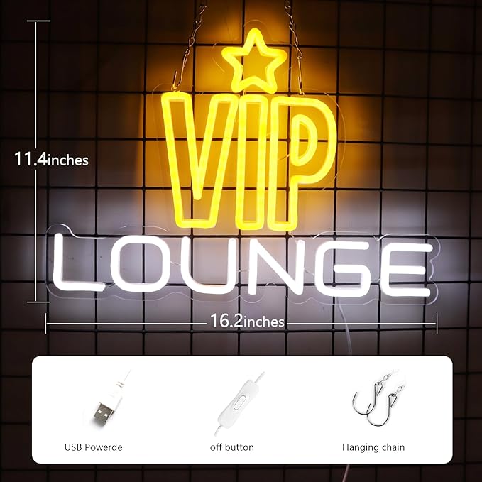 JFLLamp VIP Lounge Neon Signs for Wall Decor Neon Lights for Bedroom Led Business Signs Suitable for Night Club Bar Hotels Nail Salon Massage 5V Power Adapter, 16.2 * 11.4 Inch(Yellow+White)