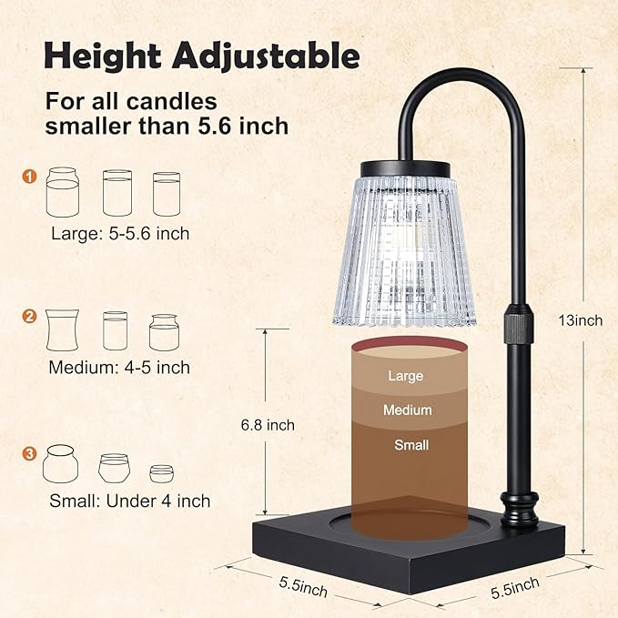 Candle Warmer Lamp with Timer Dimmer, Adjustable Height Candle Wax Warmer Warming Lamp with 2x50W Bulbs for Scented Candles for Housewarming Bedroom Home Decor Mom Women Family