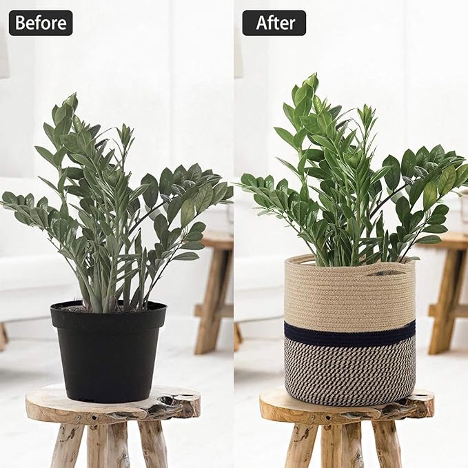 TIMEYARD Sturdy Jute Rope Plant Basket Modern Woven Basket for 11" Flower Pot Floor Indoor Planters, 12.5'' x 12.5'' Storage Organizer Baskets Rustic Home Decor, Black and Beige Stripes