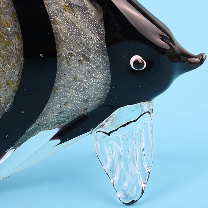 Hophen Art Glass Tropical Angel Swallow Fish Blown Handmade Sea Animal Figurine Sculpture Home Decor Collectible Statue Paper Weight Gift Ornament (Black White)