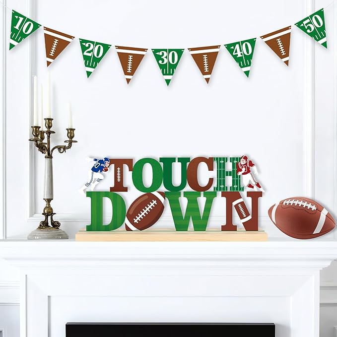 COCHIE Metal Football Touch Down Sign, Green Super Football Bowl Game Party Decorations for Home, Office, Shelf, Mantel, Indoor, Touch Down Table Toppers Decor (Superbowl)