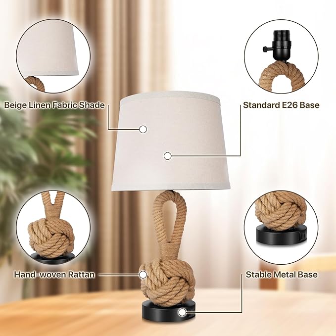 22" Rope Lamps for Night Stands, Bedside Lamps Set of 2, Boho Table Lamps for Living Room End Tables, 3-Color Temperatures Boho Lamp with Rotary Switch, Rattan Lamp with USB Ports, Bulbs Included