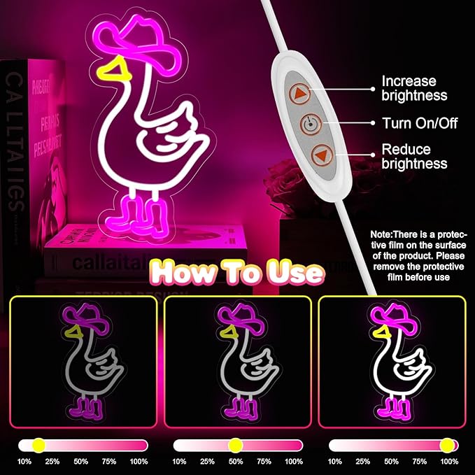 Cowboy Goose Neon Sign for Wall Decor,Dimmable Goose with Cowboy Hat & Boots Neon Light,Pink White Animal Light Up Signs for Bedroom Party Bar Background Decoration