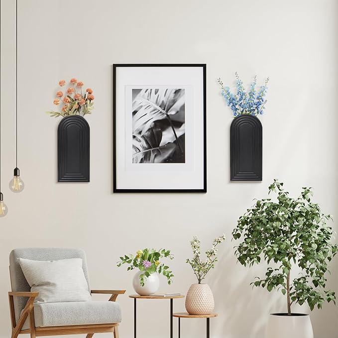 Wall Planter for Indoor Plants, Black Wall Decor for Living Room, Bathroom, Wood Wall Vases for Decor Dried Flowers and Faux Greenery, Set of 2 Modern Farmhouse Decor Hanging Planter
