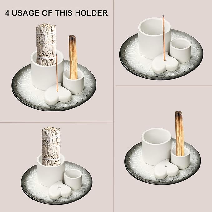 4 in 1 Incense Burner Holder,Incense Sage and Palo Santo Holder,Incense Stick Holder,Ceramic Incense Holder Ash Catcher,for Meditation Room (Black + White)
