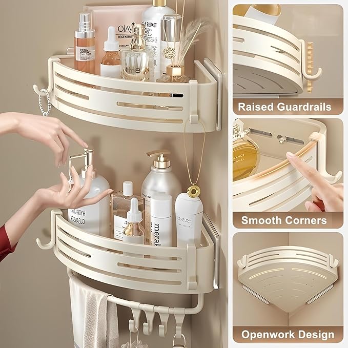 Corner Triangle Shower Shelves with Connecting Rods and 6 Hooks, Drilled or Non-Drilled Rust Resistant Storage Shelf for Bathroom, Kitchen, Wall Mounted Storage Shelf (1 Pack, White)