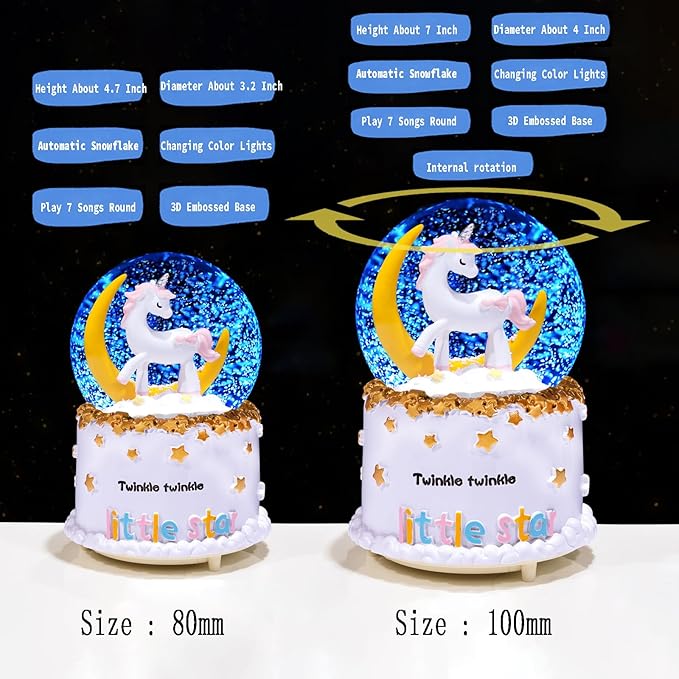 Moon Unicorn Snow Globe Automatic Rotating Snow Flakes with Coloful Light Music Christmas Birthday Presents Gifts for Kids Girls Baby Sister Daughter Granddaughter Women Mom Grandma