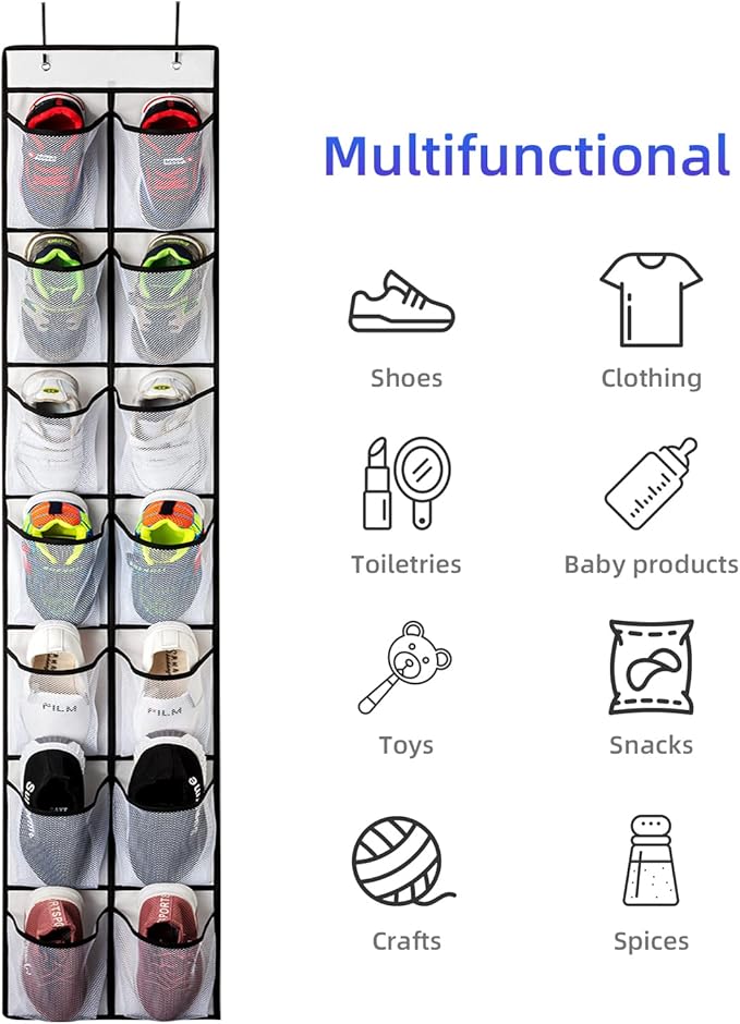 KEEPJOY Over the Door Shoe Organizer, Hanging Shoe Organizer with 4 Hooks, Shoe Holder with 14 Mesh Pockets Closet Door Shoe Storage Bag (White-2Pack)
