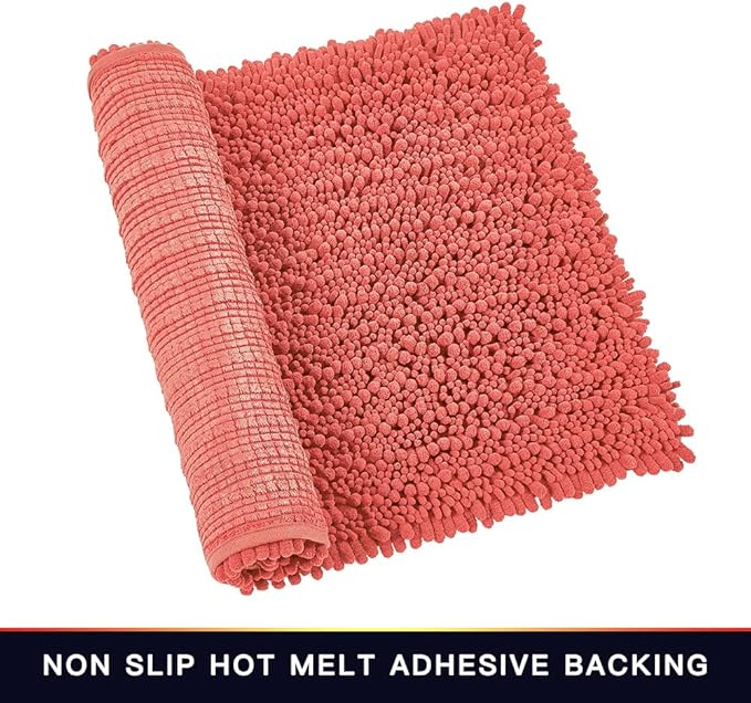 Walensee Bathroom Rug 2 Pieces Set Non Slip Bath Mat (17x24 Plus 20x32 Inch Living Coral) Water Absorbent Super Soft Shaggy Chenille Machine Washable Dry Extra Thick Perfect Carpet for Shower Floor