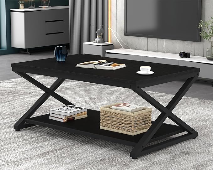 HSH Black Coffee Table with Storage Shelf, Modern Metal Wood Living Room Table, Simple 2 Tier Rectangle Center Table, 39 Inch Office Bedroom Display Cocktail Tea