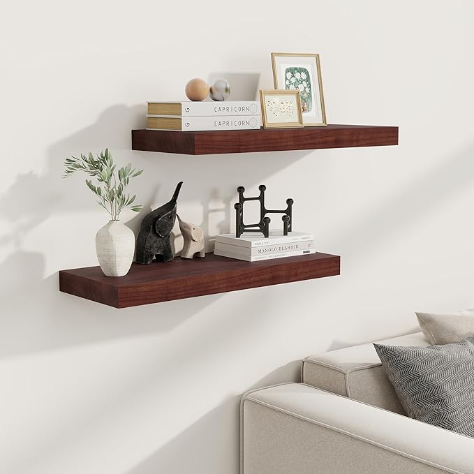 Floating Shelves, 9.3 Inch Deep Floating Shelves for Wall, Solid Wood Shelves 24 Inch Long, Deep Wall Shelves for Living Room, Bathroom, Kitchen, 24"W x 9.3"D x 1.6"H, Walnut Color, Set of 2