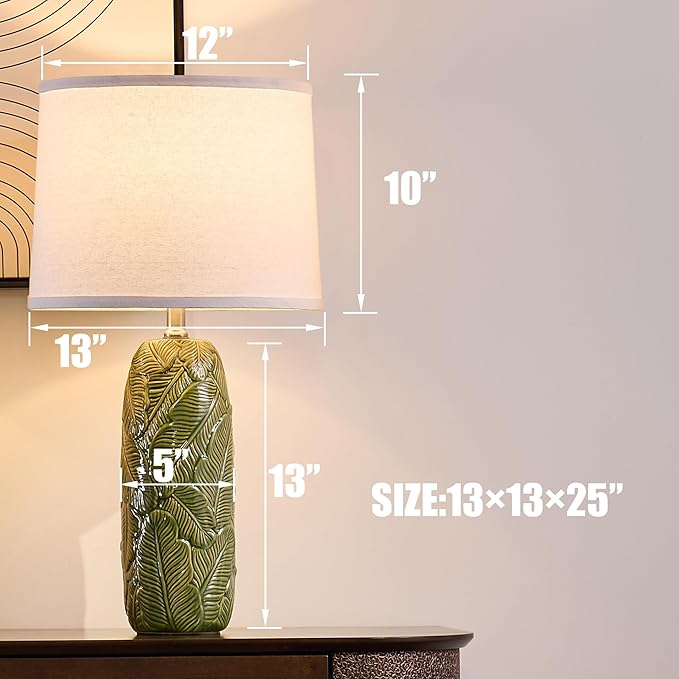 25" Ceramic Table Lamp Green Nightstand Pottery Lamp with White Shade Modern Bedside Desk Lamps with Leaf Pattern for Living Room Bedroom