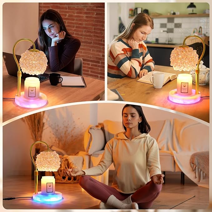 Candle Warmer Lamp with Timer - Dimmer Electric Candle Lamp Warmer with RGB Mode, 312 K9 Crystals Lampshade,Adjustable Height Wax Warmer Lamp with 2 Bulbs for Jar Candles,Gifts for Mom Womens
