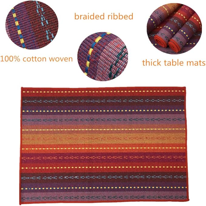 WAZAIGUR Hand Woven with 100% Cotton Placemats Colorful Placemats Braided Ribbed Durable Heat-Insulation Table Mats Set of 6,Rainbow