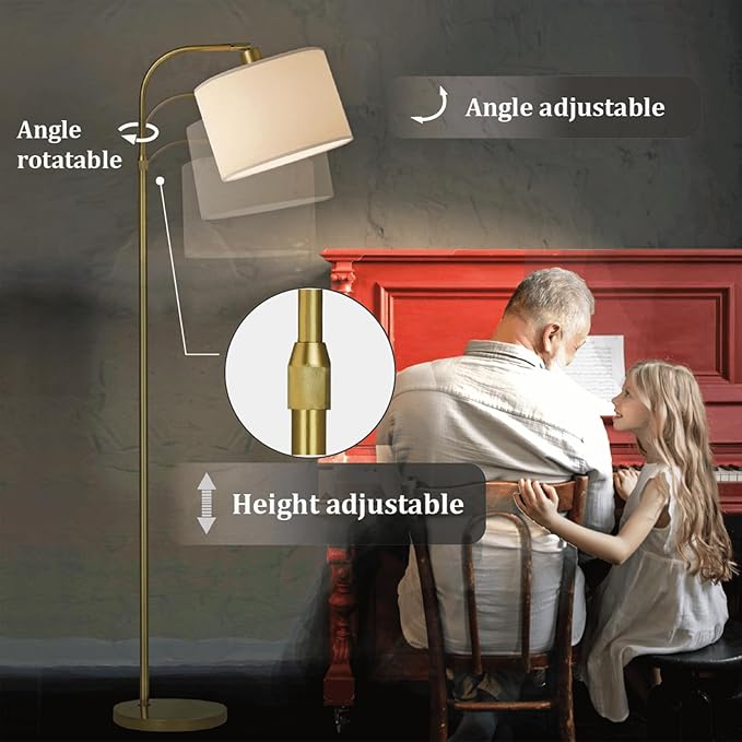 Gold Floor Lamp with Remote Control, Adjustable Height Dimmable Arc Floor Lamp for Living Room, Modern Gold Standing Lamp Dimmable for Bedroom, Office, 1000 Lumens LED Smart Bulb Included,