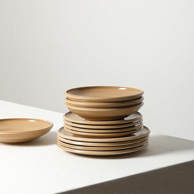 Earth & Clay Harmony 12-Piece Dinnerware, Stoneware, Plates and Bowls, Includes Dinner and Salad Plates, Cereal Bowls, Dishwasher and Microwave Safe, Dish Set for 4, Beige