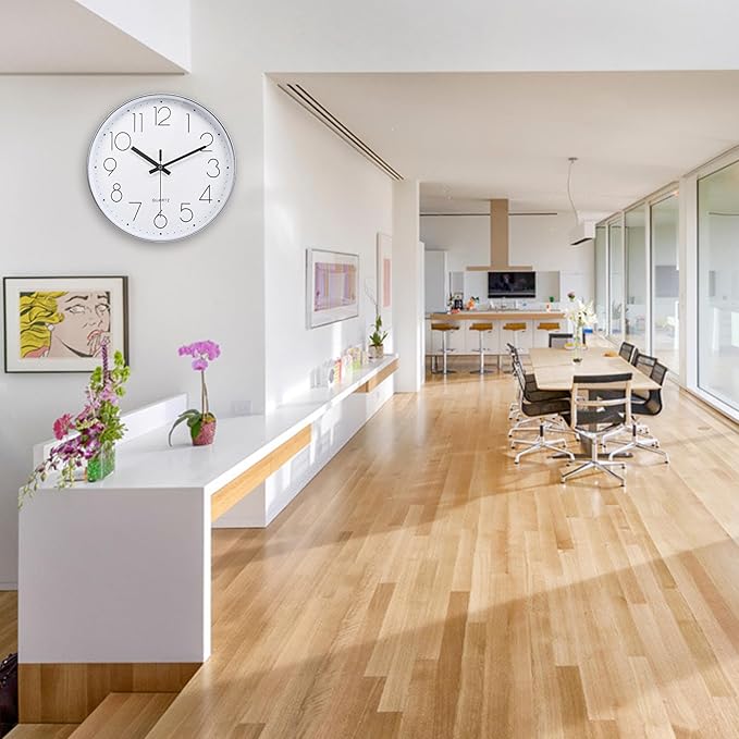 12 Inch Wall Clock Silent Non-Ticking Modern Clocks Battery Operated for Office, School (Silver)