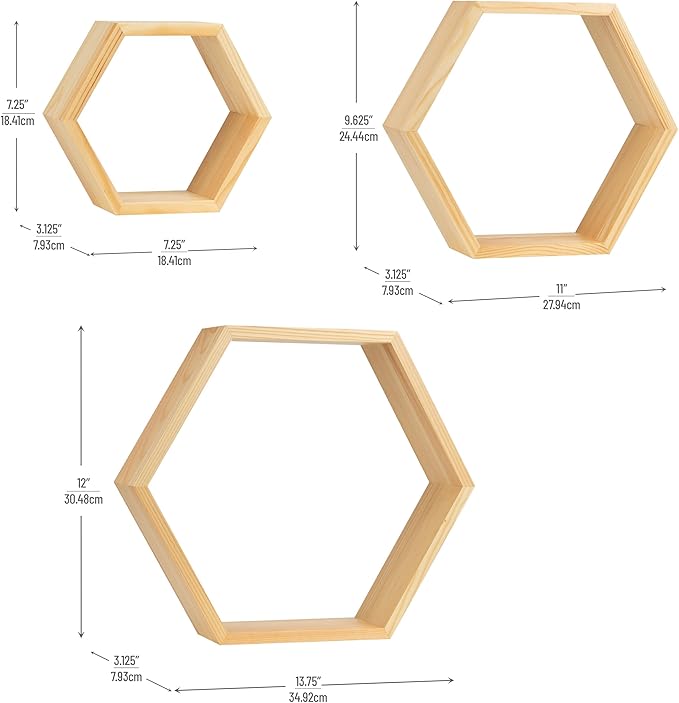 Mind Reader Hexagon Floating Shelves, Set of 3, Wall Decor, Honeycomb Accent Shelf, Cabinet Organizer, Office, Bamboo, 13.75" L x 3.125" W x 12" H, Brown
