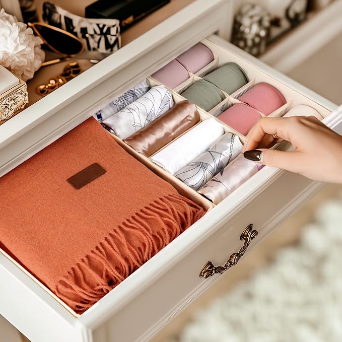 Criusia Underwear Sock Drawer Organizer Dividers 8 Set, Foldable Dresser Closet Organizers and Storage Bins for Baby Clothing, Sock, Underwear, Bra, Ties, Scarf (Beige)