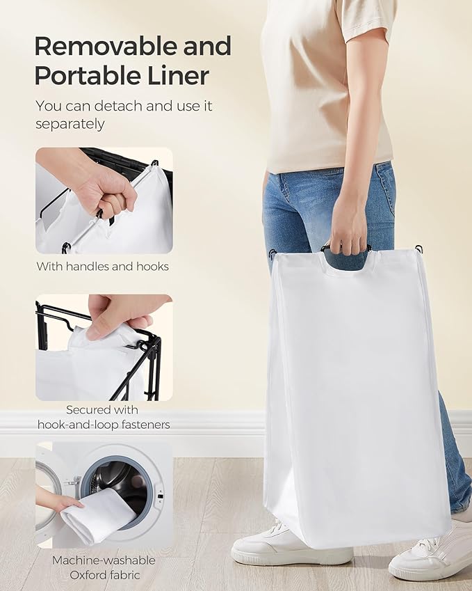SONGMICS Laundry Hamper, 110L Laundry Basket with Lid, Clothes Hamper with Wheels, Collapsible Removable Liner Bag, Iron-Made Laundry Sorter, Ink Black and Cloud White ULCB211B12