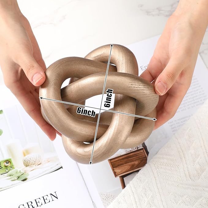 Yalikop 3 Link Wood Knot Decor - Hand Carved Coffee Table Decoration, Boho Chain Link Decor, Modern Shelf, Rustic Objects for Home Living Room Bedroom(Champagne)