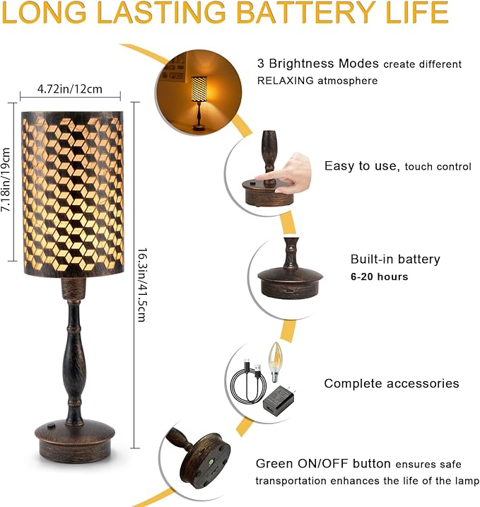 UMEXUS Rechargeable LED Cordless Lamp with Dimmer, Small Battery Operated Lamp, Touch Outdoor Patio Table Light, Living Room Side End Table Entryway Bedside Ambient Lighting Antique Bronze