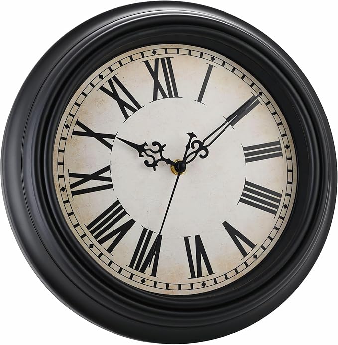 Plumeet Retro Wall Clock, 12'' Non Ticking Classic Silent Vintage Wall Clocks Decorative Kitchen Living Room Bedroom, Roman Numerals, Battery Operated, Black