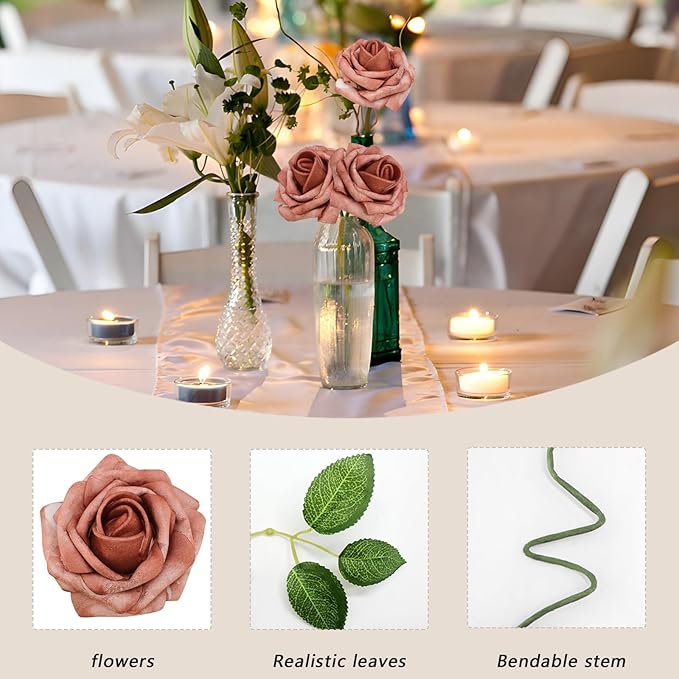 200PCS Warm Taupe Artificial Flowers Roses Real Looking Foam Fake Roses with Leaves for DIY Wedding Bouquets Bridal Shower Arty Decorations (Warm Taupe, 200)