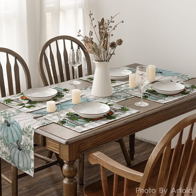 Artoid Mode Buffalo Plaid Pumpkins Leaves Fall Placemats Set of 4 for Table Runner, Kitchen Dining Table Decoration for Indoor Party 12x18 Inch