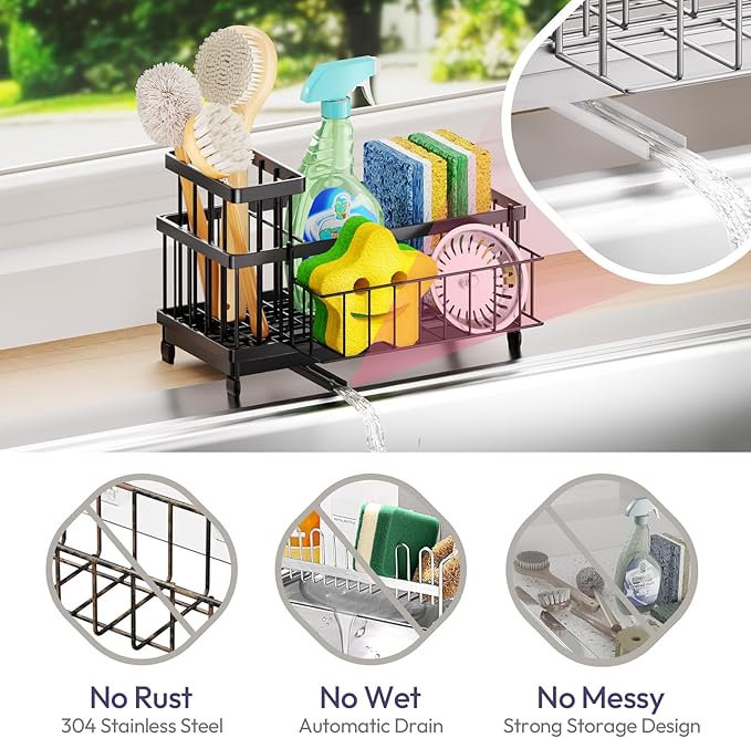 SWTYMIKI Sink Caddy Sponge Holder - Large Sponge Holder for Kitchen Sink with 360°Auto-Drain Tray, Rustproof Stainless Steel Kitchen Organizer Caddy for Countertop Organization