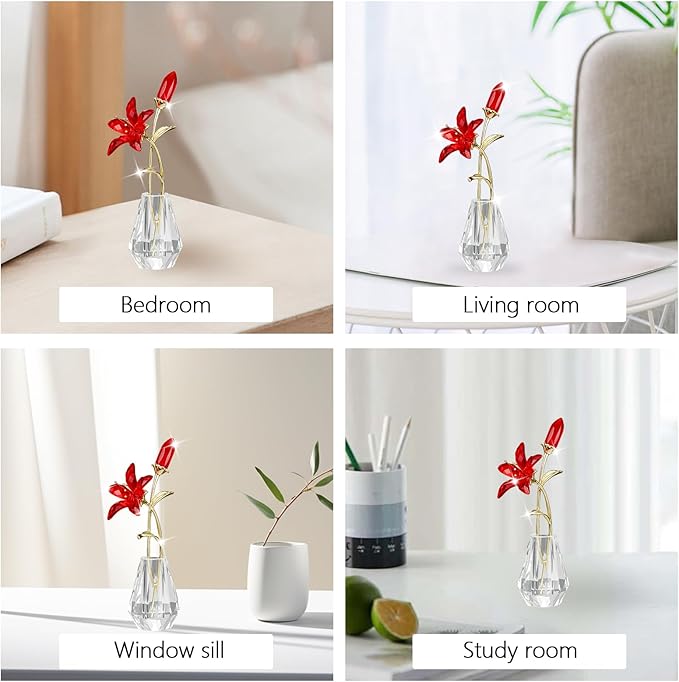 Crystal Lily Figurine, Glass Flowers with Stem,Flower Collectible Gifts for Woman, Wedding Party Decor(Red)