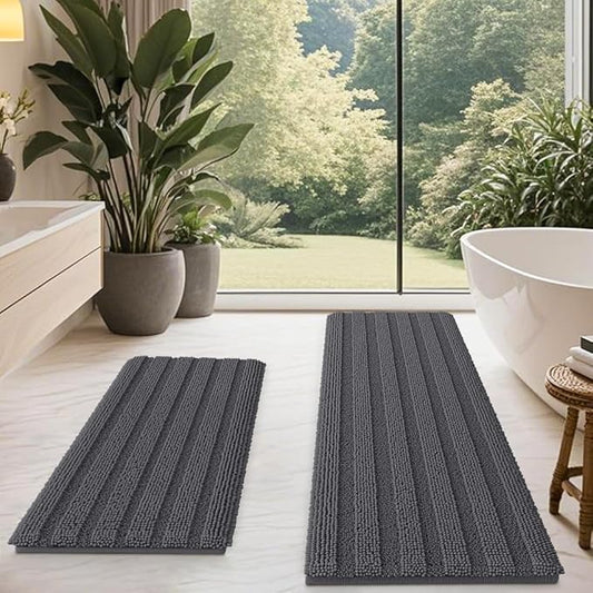 Striped Grey Bathroom Rug Mat Set 2 piece 32"x20"+60"x20" Ultra Soft, Non Slip Chenille Bath Rugs, Absorbent Plush Shaggy Bath Mats for Bathroom, Bedroom, Kitchen, Shower, Tub,Dark Gray, Charcoal