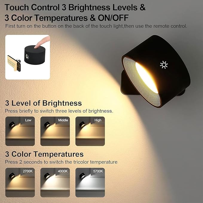Lightess Smart LED Wall Sconces Set of 2, Dimmable Wall Mounted Lamp with 3 Lighting & RGB & Ambiance Mode, APP & Touch Control, Rechargeable Battery Operated Wall Light for Reading Bedside