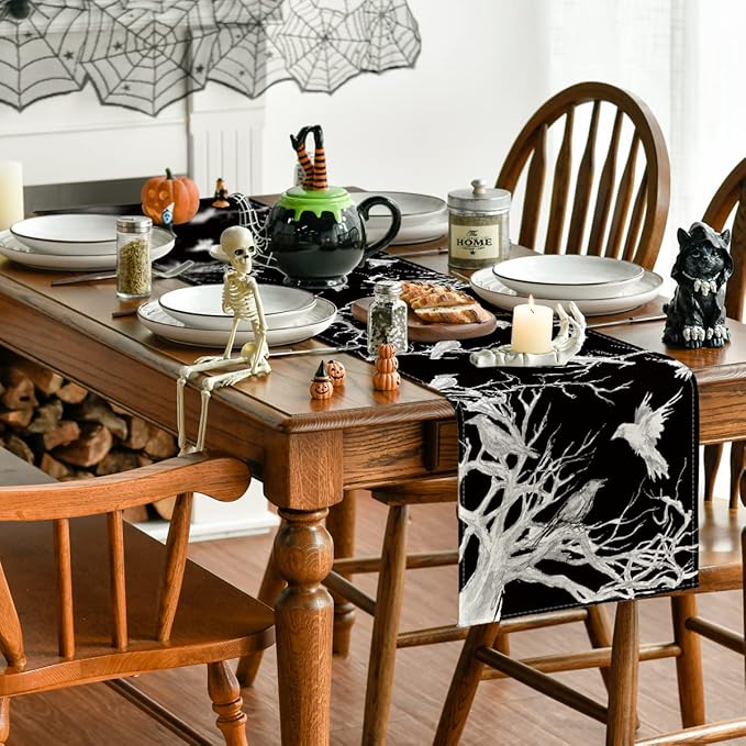 Artoid Mode Silhouette Tree Grey Crows Halloween Table Runner, Branches Fall Kitchen Dining Table Decoration for Outdoor Home Party 13x72 Inch