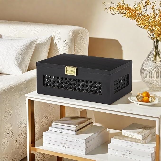 Decorative Rattan Storage Boxes Solid Wood Woven Baskets Bins with Lid Keepsake Memory Jewelry Box Natural Boho Shelf Wicker Closet Desk Organizer Container (Black, Small Size)