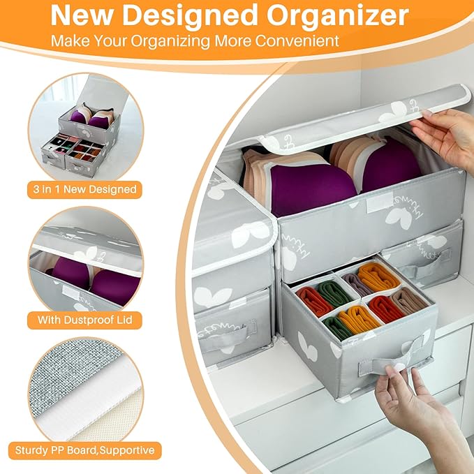Sock Underwear Drawer Divider - Closet Organizers and Dresser Organizer Wardrobe Clothes Box Storage Bins with Lid for Bra, Leggings, Shirt, Panty (1 Pack, Grey)