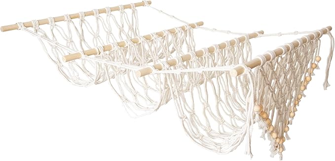 3 Tiers Plush Toy Organizer Hammock with Beads Tassels, Nursery Boho Stuffed Animals, Over the Door Organizer, Net Bag Storage Rack Bookshelf Hammocks Home Decor, 3 Layers