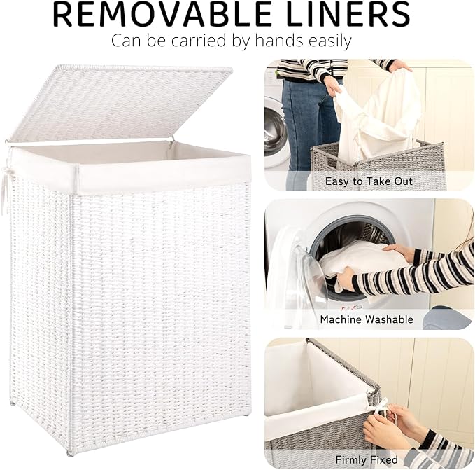OIAHOMY Laundry Hamper with Lid, 23.8 Gal (90L) Wicker Hamper with Removable Liner Bags, Handwoven Clothes Basket with Handles, Foldable Woven Paper Rope Basket for Laundry Room, Bedroom-White